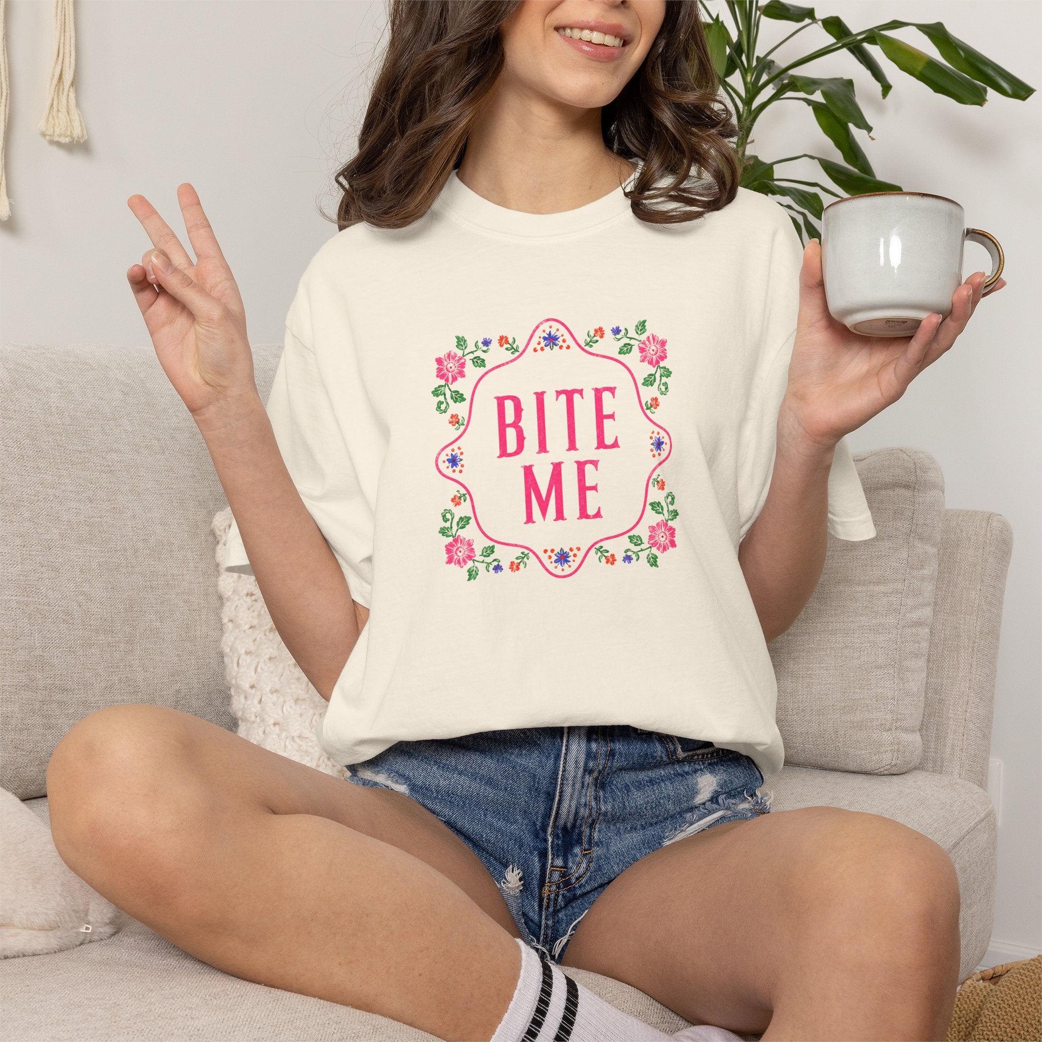 Bite Me Comfort Colors Shirt, Funny Shirt for Women, Sarcastic Floral Shirt Coquette Graphic Tee  Pink Aesthetic Shirt Adult Humor Shirt
