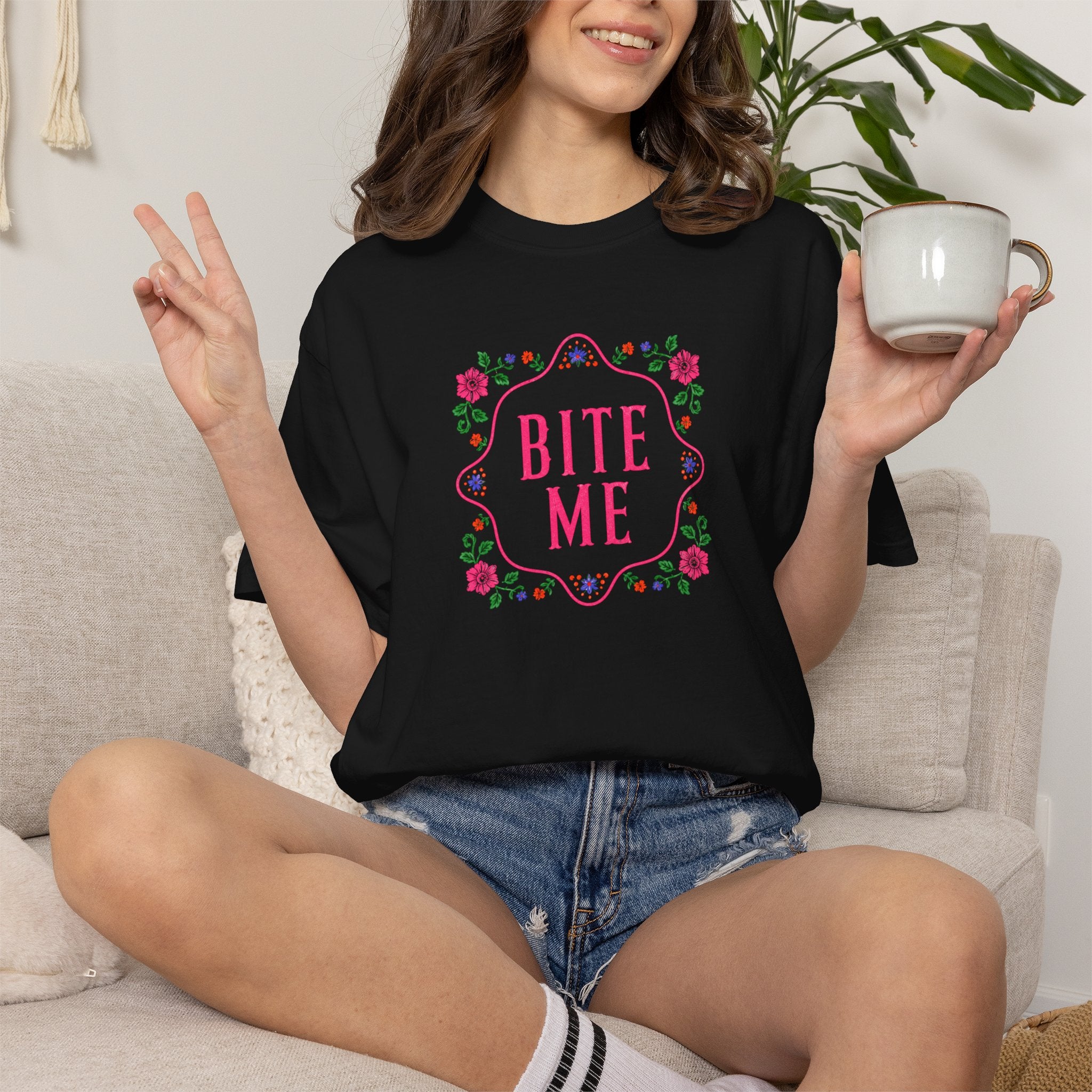 Bite Me Comfort Colors Shirt, Funny Shirt for Women, Sarcastic Floral Shirt Coquette Graphic Tee  Pink Aesthetic Shirt Adult Humor Shirt