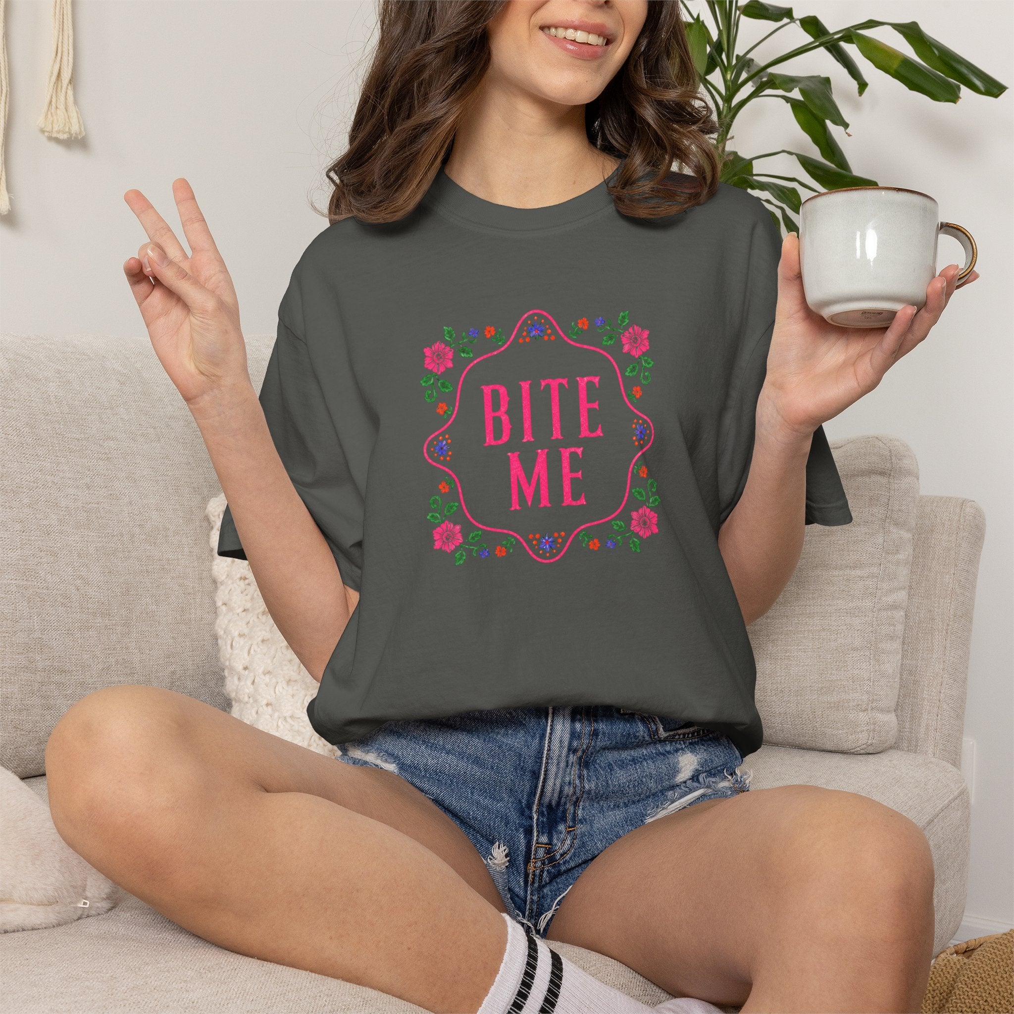 Bite Me Comfort Colors Shirt, Funny Shirt for Women, Sarcastic Floral Shirt Coquette Graphic Tee  Pink Aesthetic Shirt Adult Humor Shirt