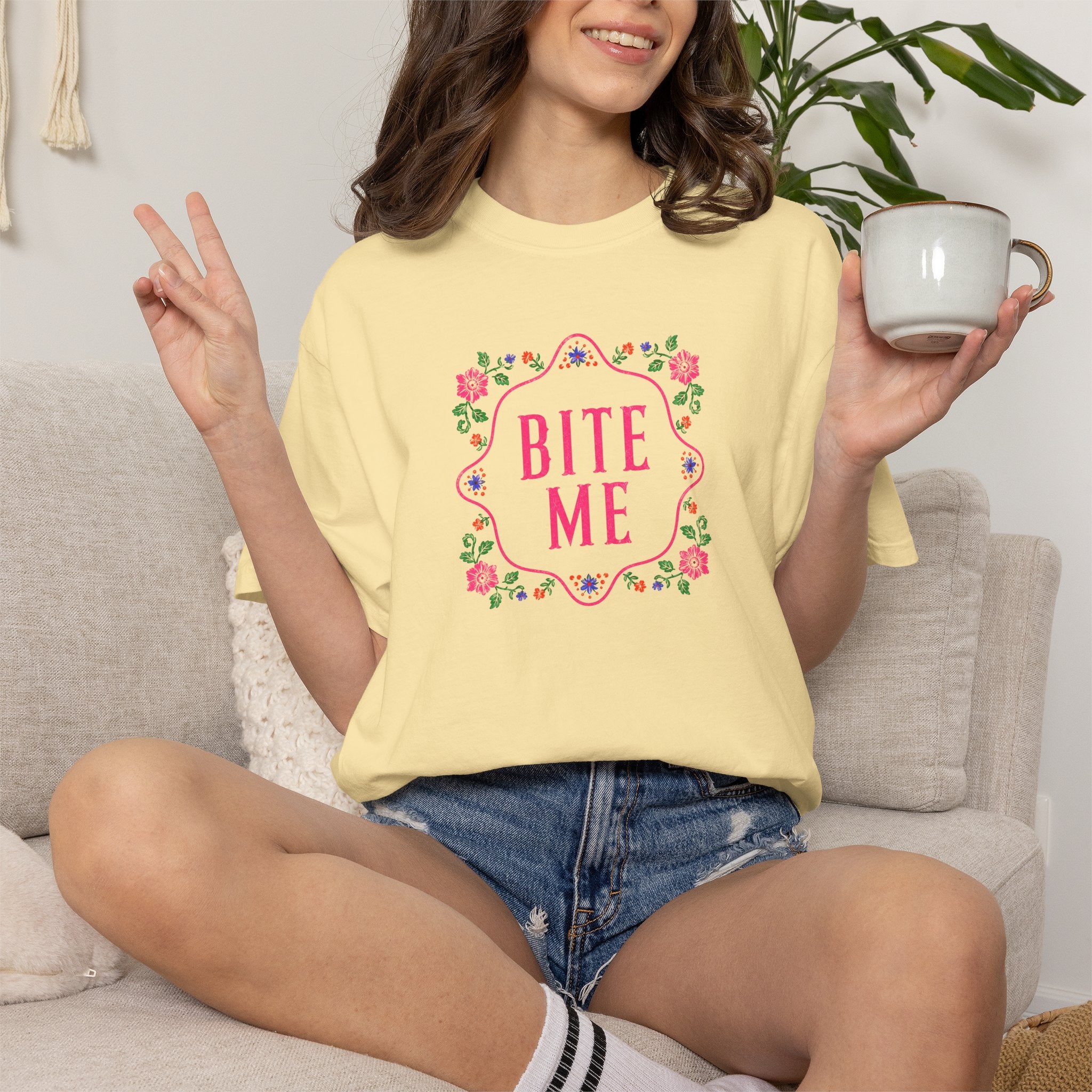 Bite Me Comfort Colors Shirt, Funny Shirt for Women, Sarcastic Floral Shirt Coquette Graphic Tee  Pink Aesthetic Shirt Adult Humor Shirt