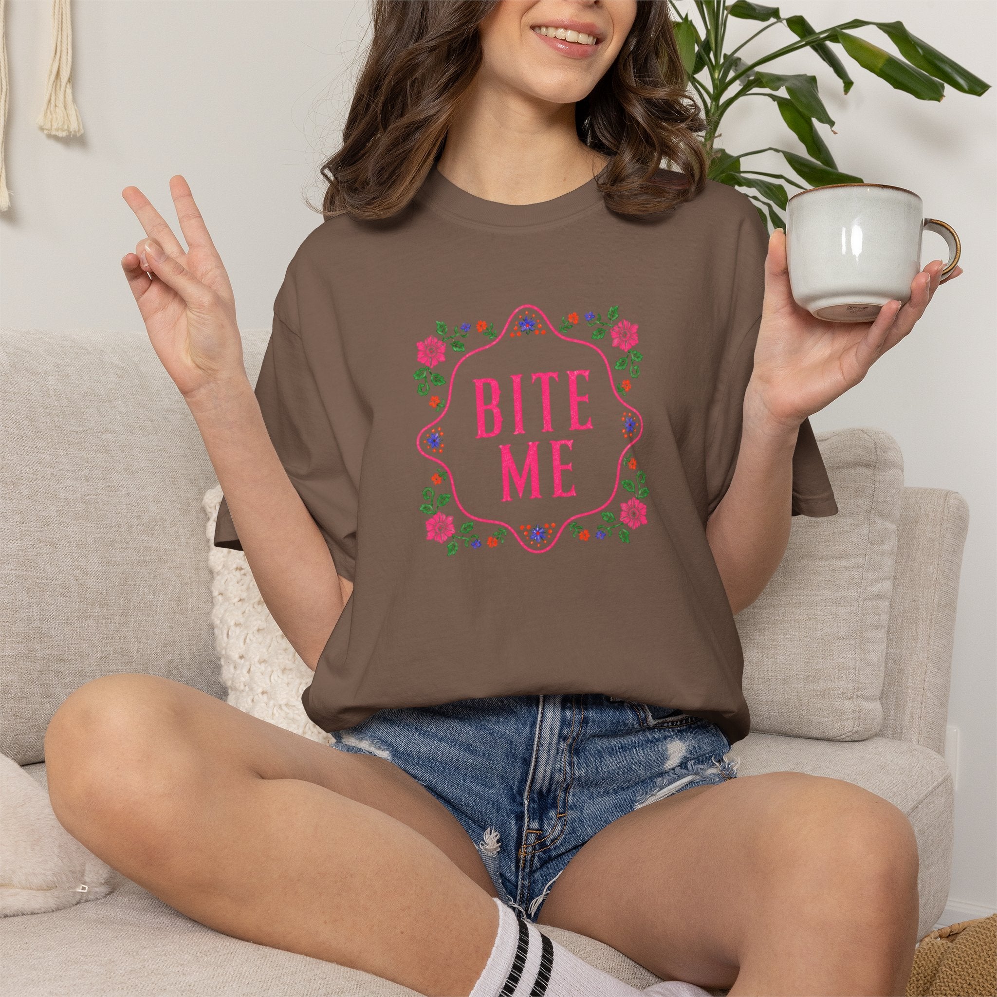 Bite Me Comfort Colors Shirt, Funny Shirt for Women, Sarcastic Floral Shirt Coquette Graphic Tee  Pink Aesthetic Shirt Adult Humor Shirt