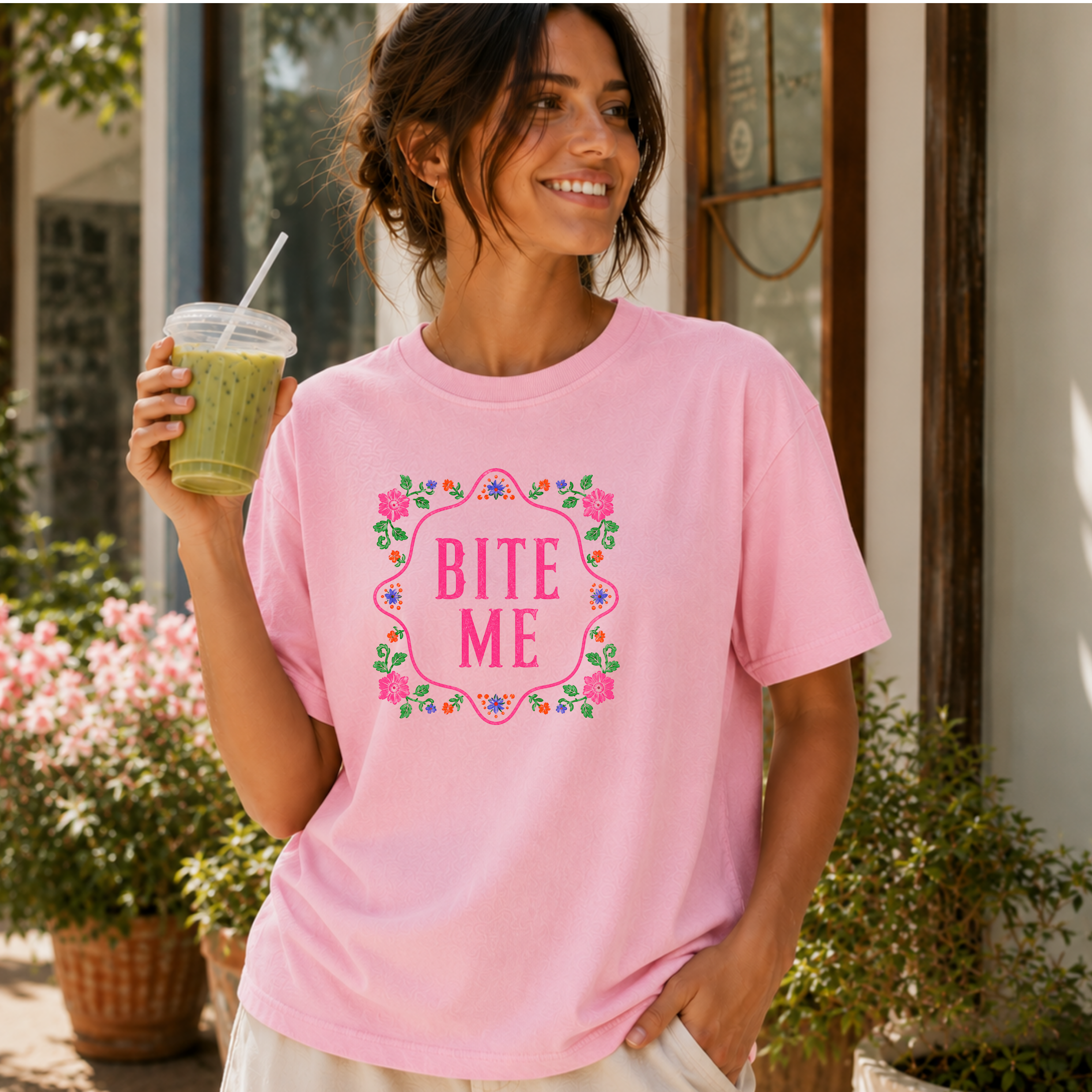Bite Me Comfort Colors Shirt, Funny Shirt for Women, Sarcastic Floral Shirt Coquette Graphic Tee  Pink Aesthetic Shirt Adult Humor Shirt