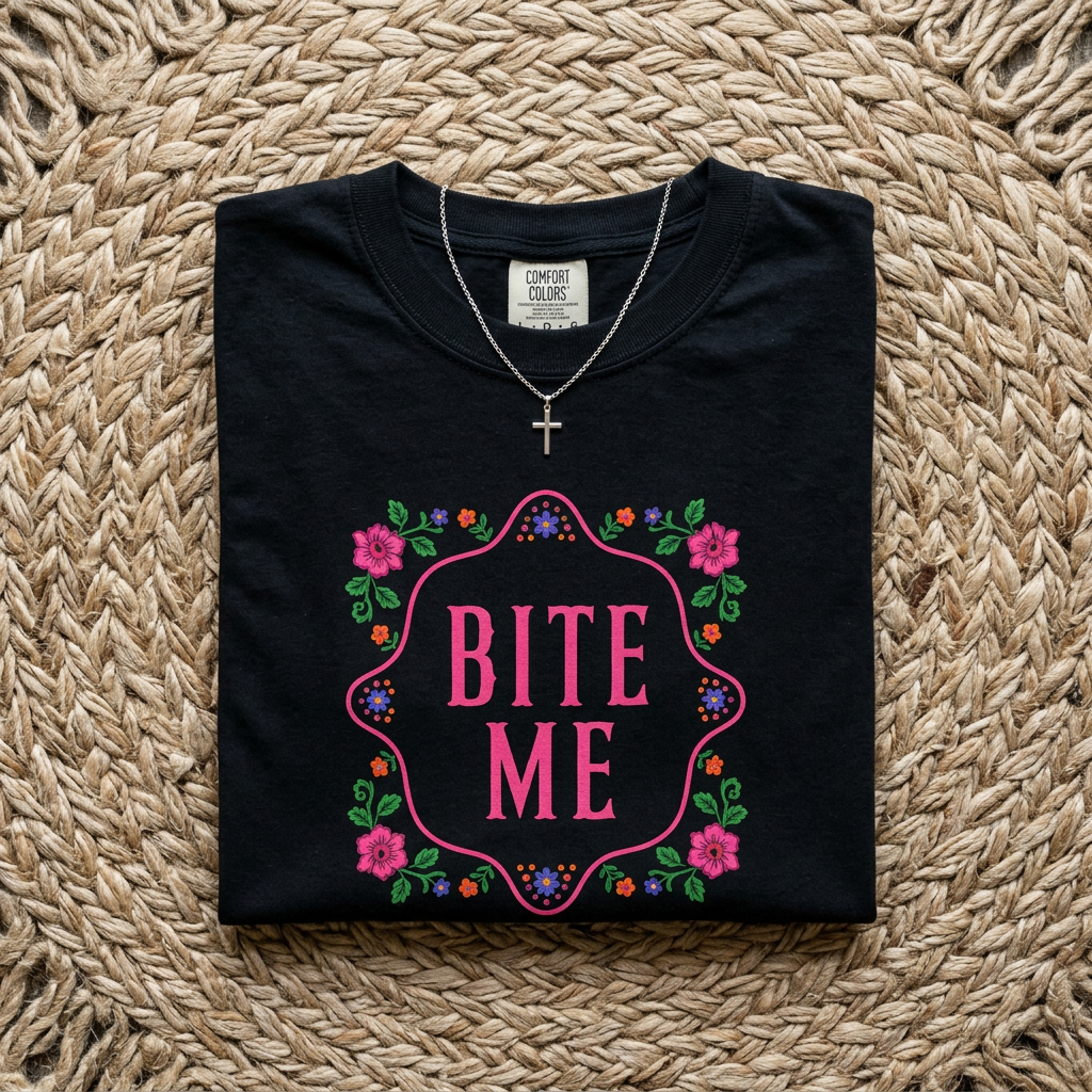Bite Me Comfort Colors Shirt, Funny Shirt for Women, Sarcastic Floral Shirt Coquette Graphic Tee  Pink Aesthetic Shirt Adult Humor Shirt
