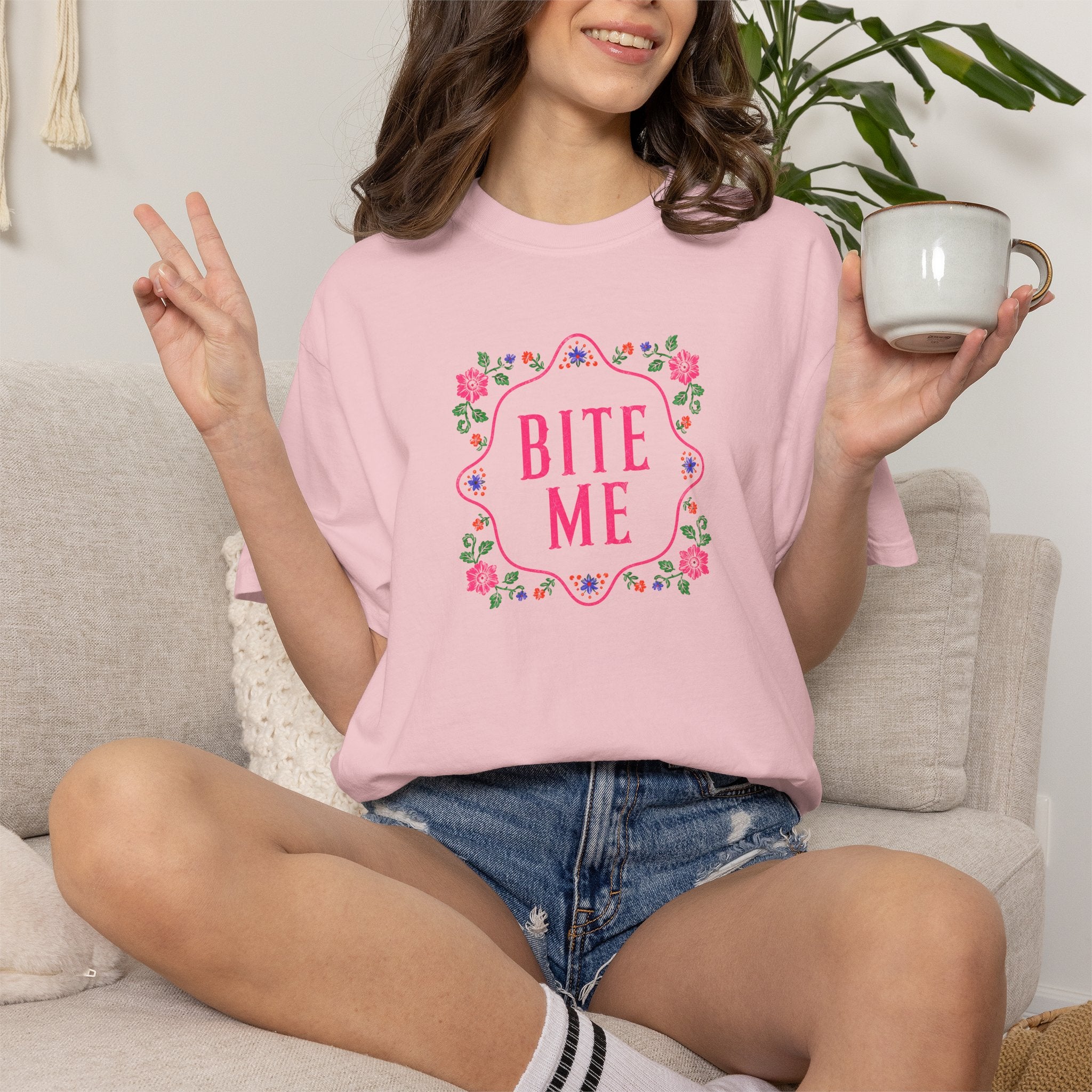 Bite Me Comfort Colors Shirt, Funny Shirt for Women, Sarcastic Floral Shirt Coquette Graphic Tee  Pink Aesthetic Shirt Adult Humor Shirt