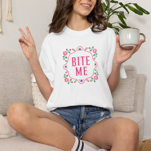 Bite Me Comfort Colors Shirt, Funny Shirt for Women, Sarcastic Floral Shirt Coquette Graphic Tee  Pink Aesthetic Shirt Adult Humor Shirt